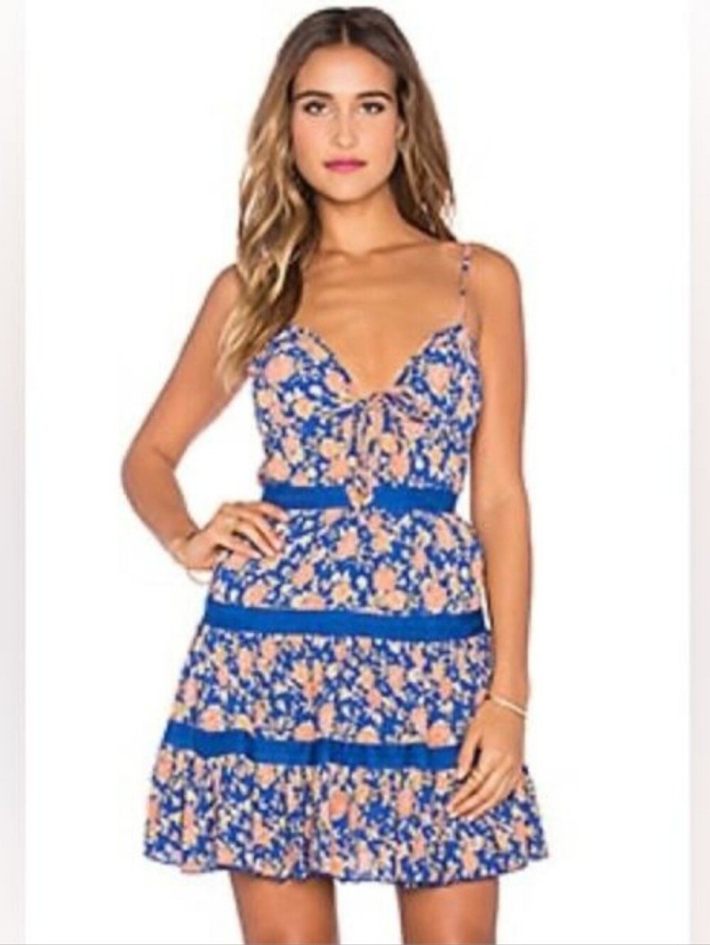 Tularosa Alice Dress in Navy & Peach Floral deep V Neck mini dress. Size SMALL